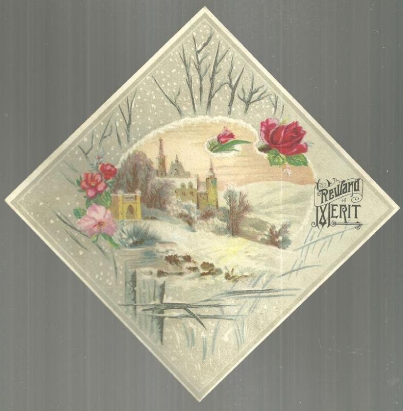 Victorian Reward of Merit Card with Snowy Church Landscape with Roses