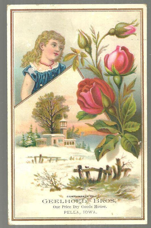 Victorian Trade Card for Geelhoed Bros Pella Iowa Snowy Landscape Roses and Girl
