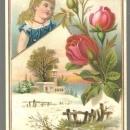 Victorian Trade Card for Geelhoed Bros Pella Iowa Snowy Landscape Roses and Girl