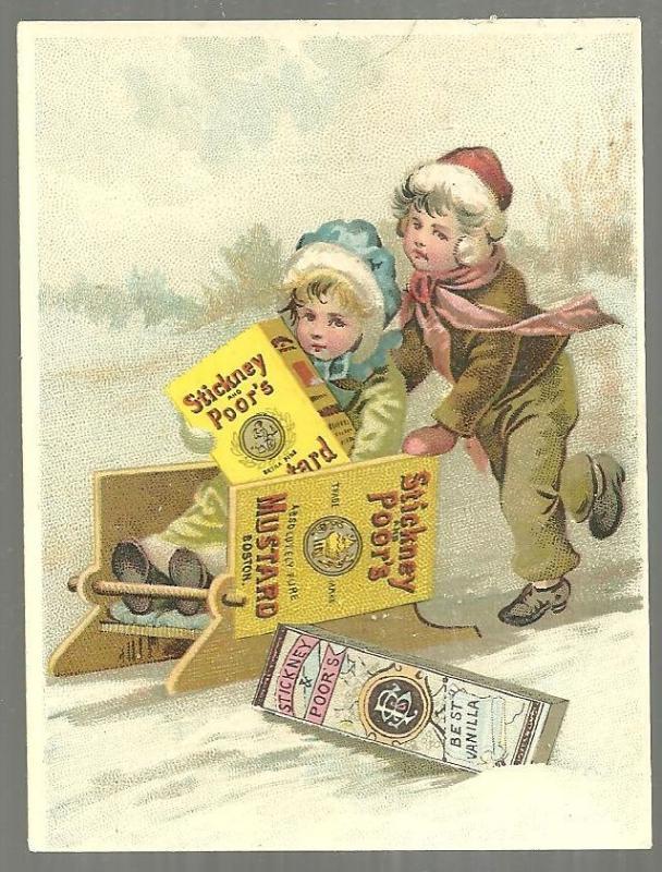 Victorian Trade Card for Stickney and Poor's Mustards with Children Sledding