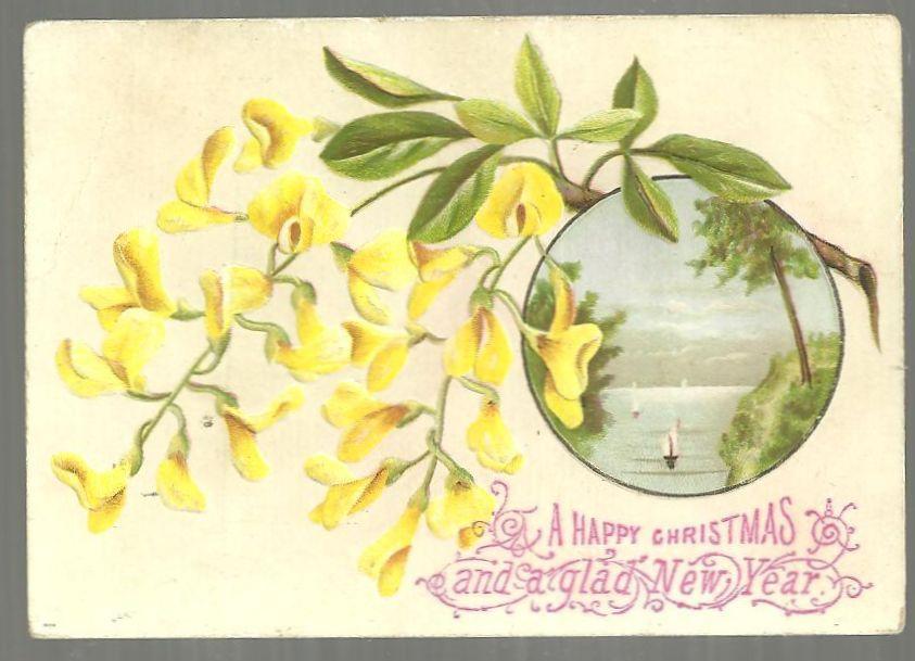 Victorian Christmas Card Yellow Flowers Surrounding Sailboats A Happy Christmas