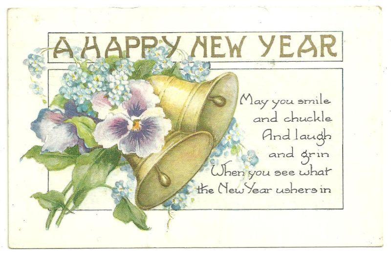 A Happy New Year Postcard with Flowers and Bells 1934