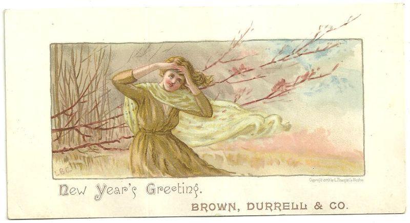 Victorian L. Prang New Year Card with Lovely Lady From Brown, Durrell & Co.