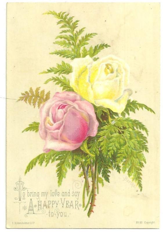 Victorian S. Hildesheimer New Year Card with Pink and Yellow Roses