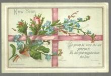 Victorian Eyre and Spottiswoode New Year Card with Pink Roses and Ribbon