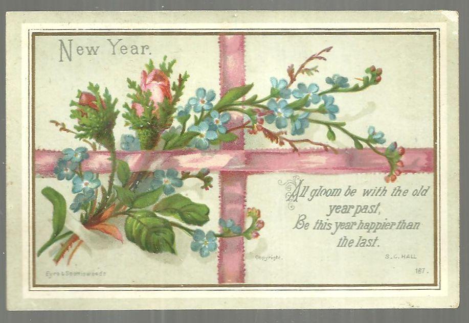 Victorian Eyre and Spottiswoode New Year Card with Pink Roses and Ribbon