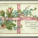 Victorian Eyre and Spottiswoode New Year Card with Pink Roses and Ribbon