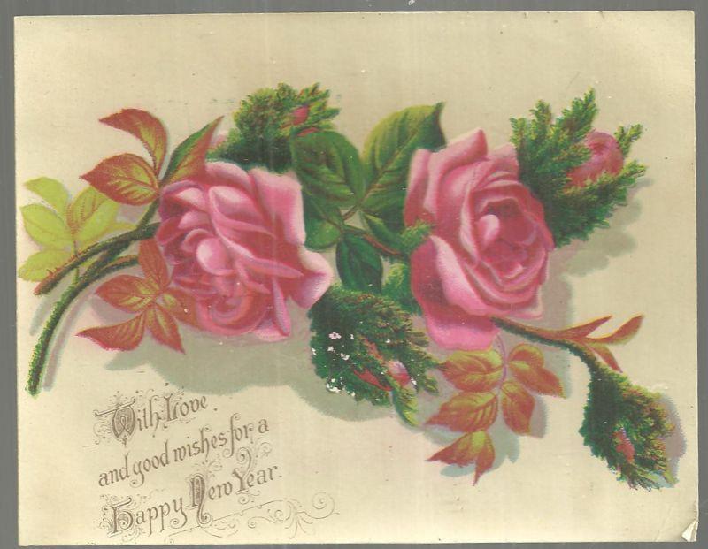 Victorian New Year Greeting Card with Pink Roses With Love and Good Wishes