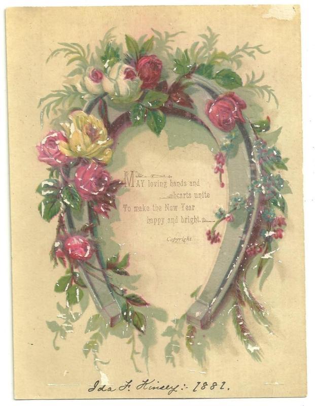 Victorian New Year Greeting Card With Horseshoe and Roses May Loving Hands Unite