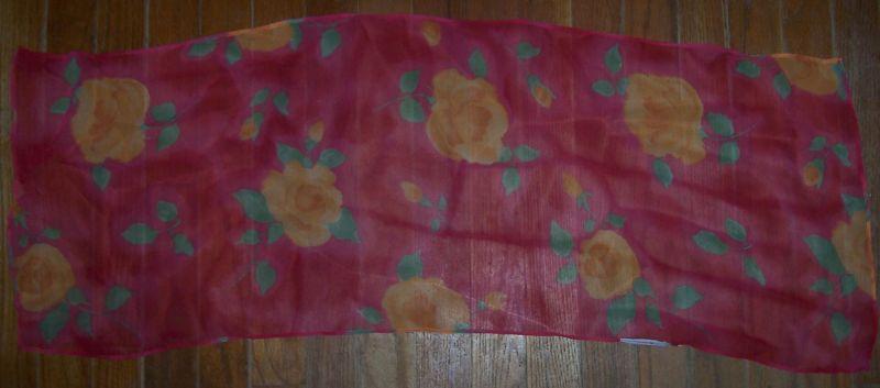 Vintage Pink Chiffon Scarf with Big Yellow Roses