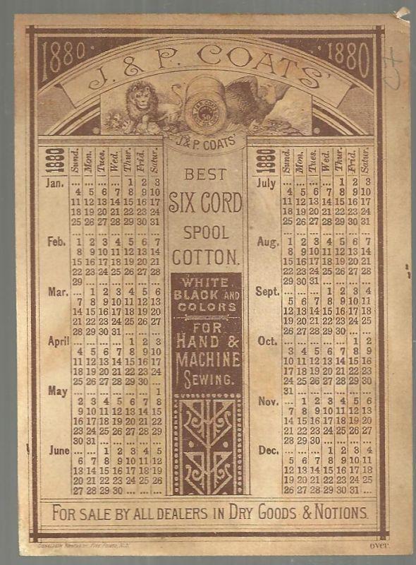 Victorian Trade Card for J. & P. Coats' Best Six Fishing and 1880 Calendar