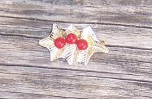 Vintage Christmas Gold Tone Leaf Pin with Red Beads