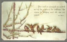 Victorian Prayer Card with Birds on a Snowy Branch Psalm 124: 7