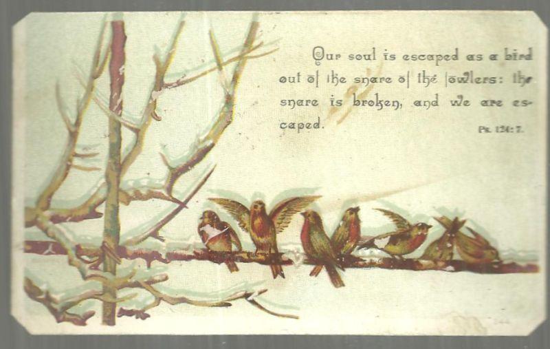 Victorian Prayer Card with Birds on a Snowy Branch Psalm 124: 7