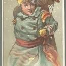 Victorian Card With Boy With Sled on His Back Outside in the Snow