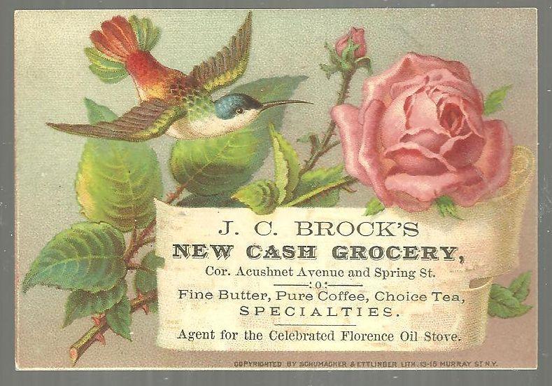 Victorian Trade Card for J. C. Brock's New Cash Grocery New Bedford with Rose