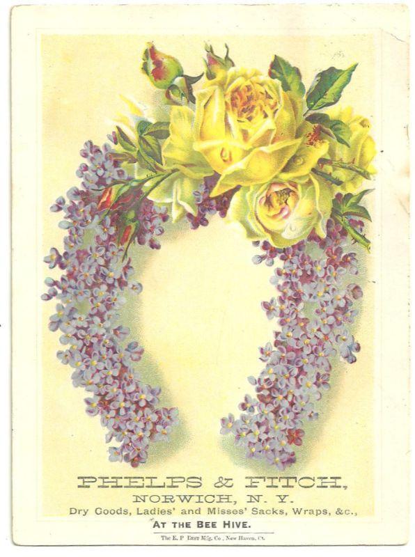 Victorian Trade Card for Phelps and Fitch Dry Goods with Floral Horseshoe