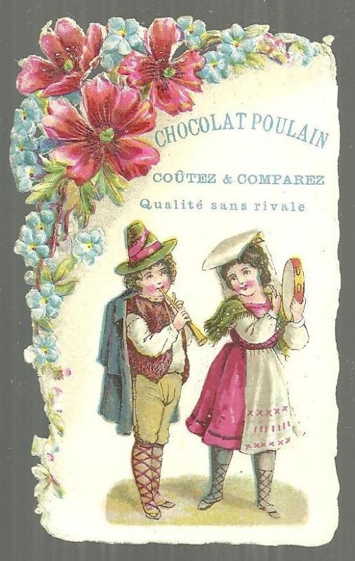 Victorian Trade Card For Chocolat Poulain with Boy and Girl Playing Instruments