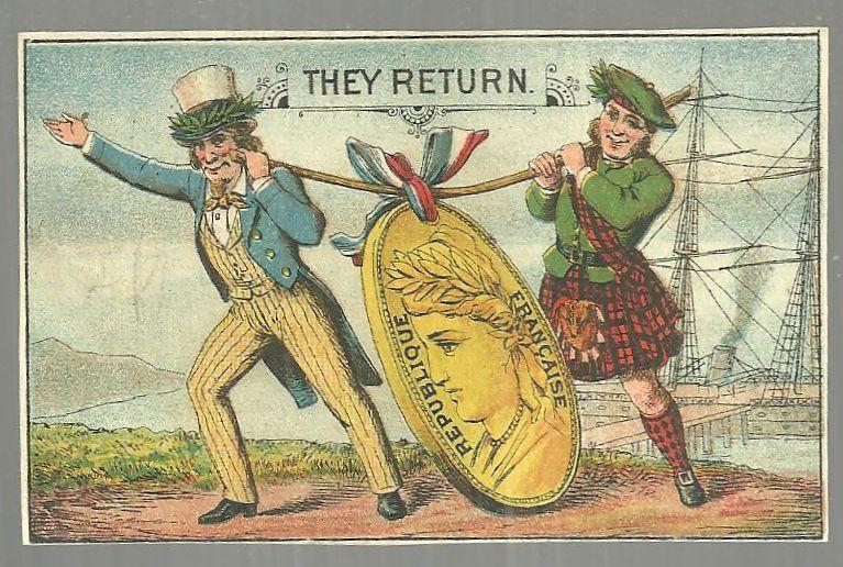 Victorian Trade Card Uncle Sam and Scotsman Returning with Medals