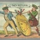 Victorian Trade Card Uncle Sam and Scotsman Returning with Medals