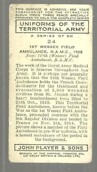 Vintage Player's Cigarette Card with The 1st Wessex Field Ambulance #24