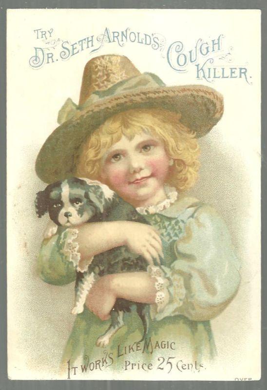 Victorian Trade Card for Dr. Seth Arnold's Cough Killer Lovely Girl With Her Dog