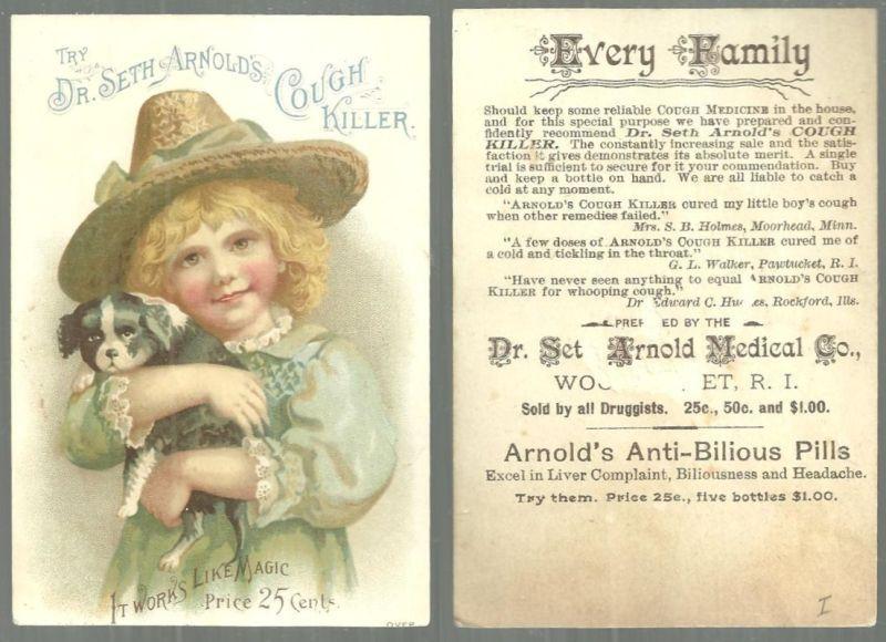 Victorian Trade Card for Dr. Seth Arnold's Cough Killer Lovely Girl With Her Dog
