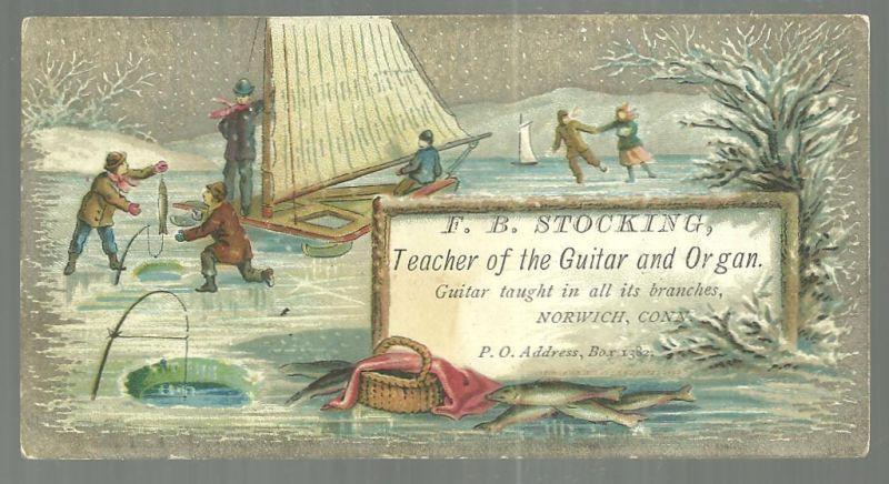 Victorian Trade Card For F. B. Stocking Teacher Ice Boating, Fishing and Skating
