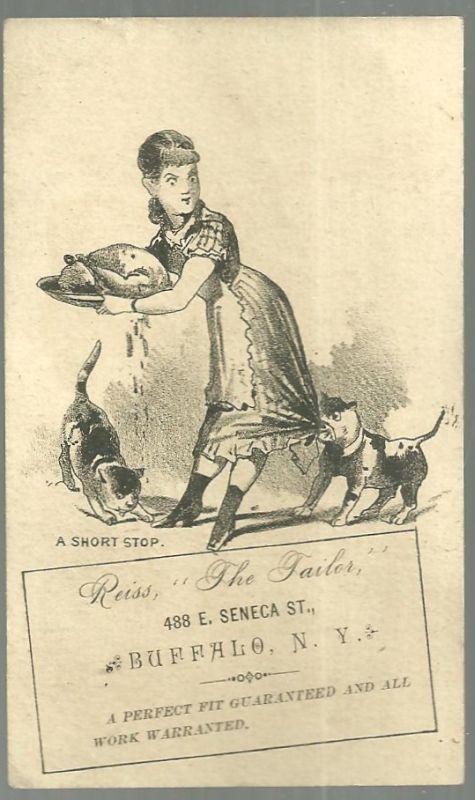 Victorian Trade Card For Reiss The Tailor With Maid Trying to Protect Dinner