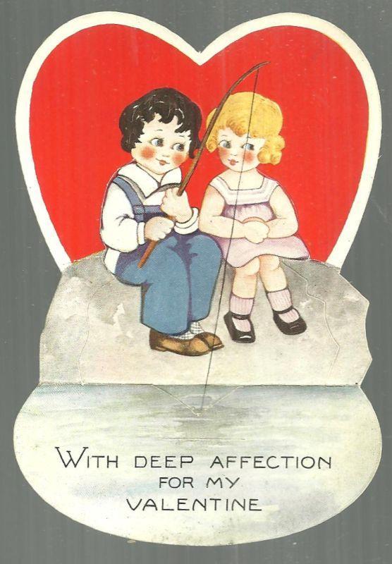 Vintage Valentine with Boy and Girl Fishing With Deep Affection for My Valentine