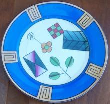 Vintage Meito China Plate With Handpainted Art Deco Design and Blue Background