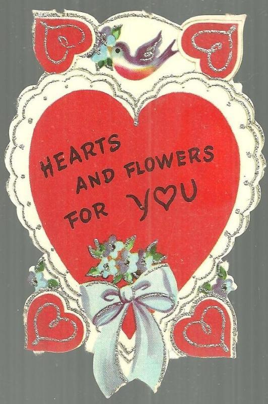 Vintage Valentine with Birds and Hearts Trimmed with Silver Glitter