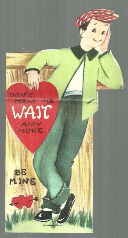 Vintage Valentine With Boy Leaning Against Fence Don't Make Me Wait Any More