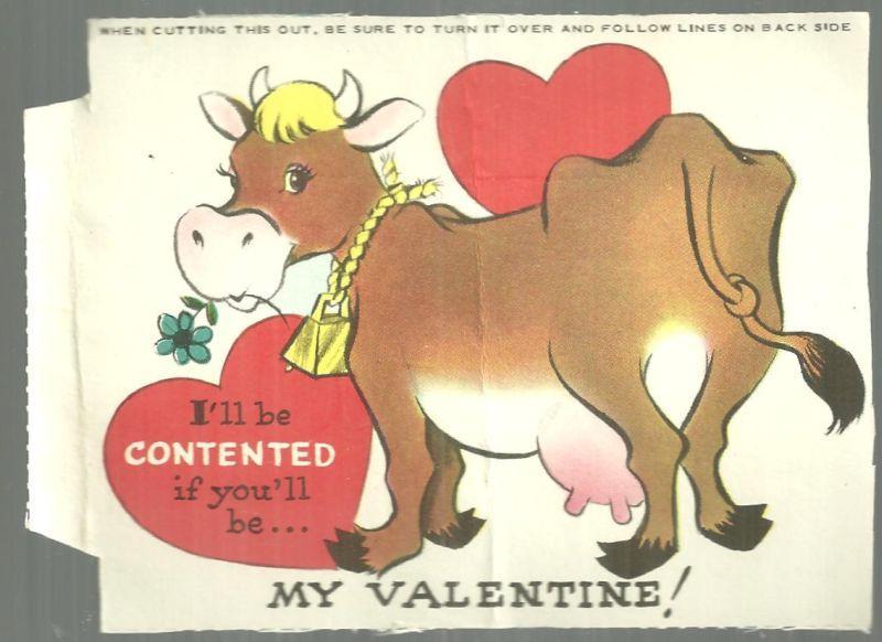 Vintage Valentine With Cow I'll be Contented If You'll Be My Valentine