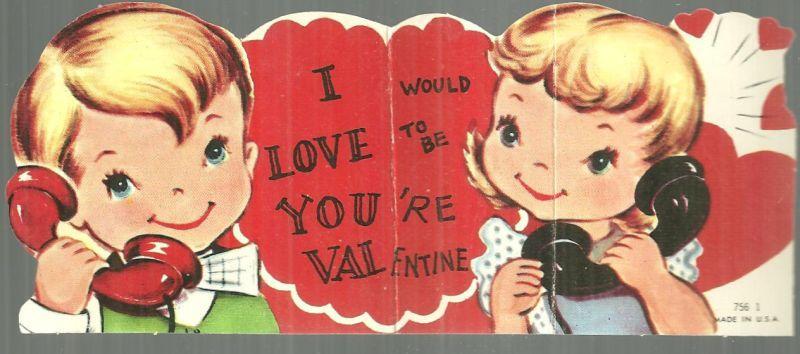 Vintage Valentine Card with Boy and Girl Talking on Telephone