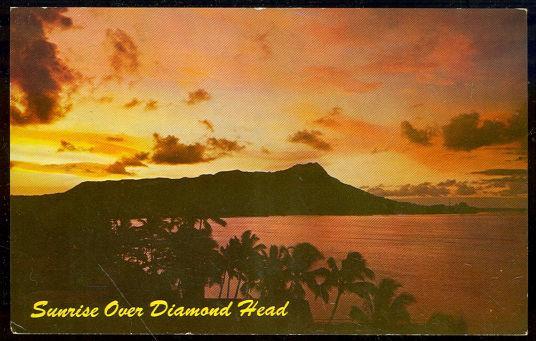 Postcard of Sunrise Over Diamond Head, Waikiki Beach, Hawaii.