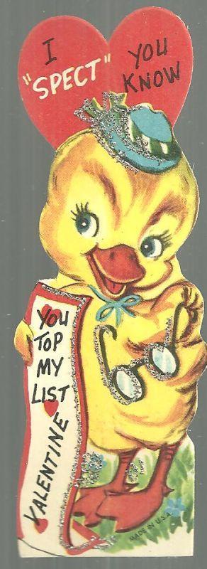 Vintage Valentine Card with Duck and Silver Glitter I Spect You Know