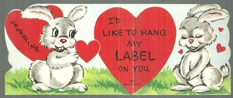 Vintage Valentine Card with Two Bunny Rabbits I'd Like to Hang my Label on You