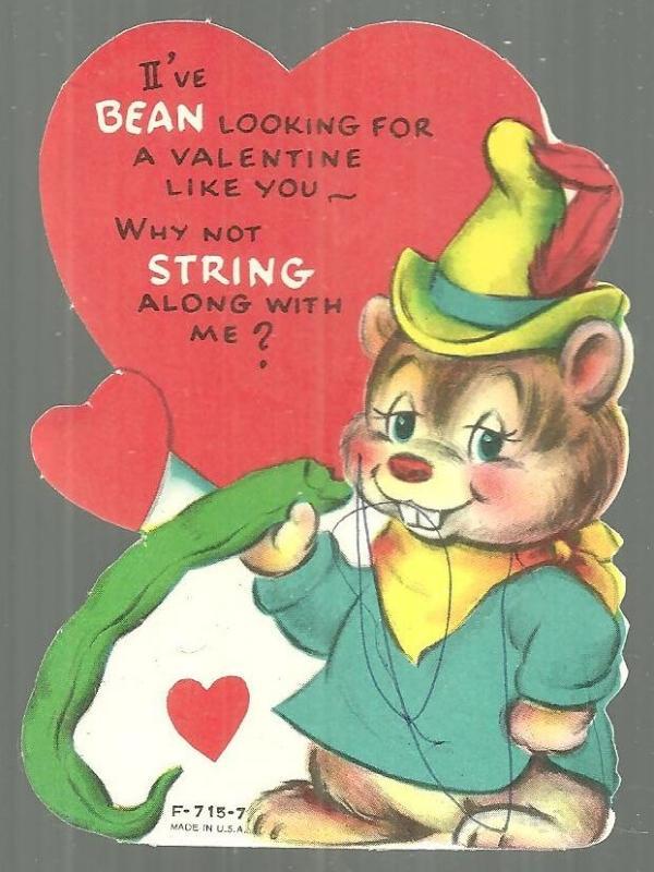 Vintage Valentine Card with Bear with a Green Bean I've Bean Looking
