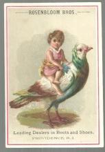 Victorian Trade Card for Rosenbloom Bros Boots with Girl on Pigeon
