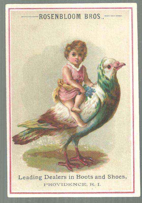 Victorian Trade Card for Rosenbloom Bros Boots with Girl on Pigeon