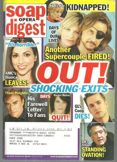 Soap Opera Digest Magazine February 24, 2009 Shocking Exits on the Cover