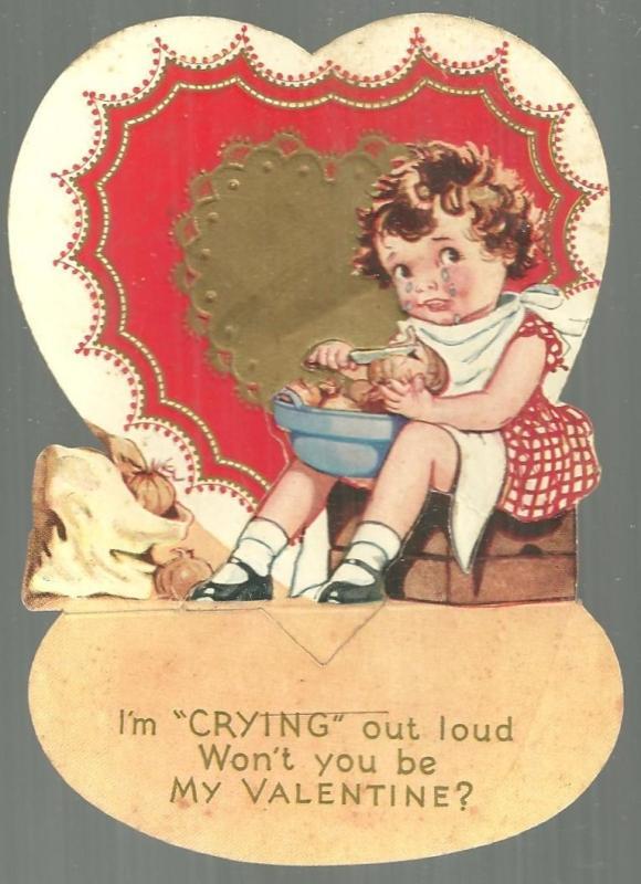 Vintage Valentine Card with Girl Peeling Onions I'm Crying Out Loud