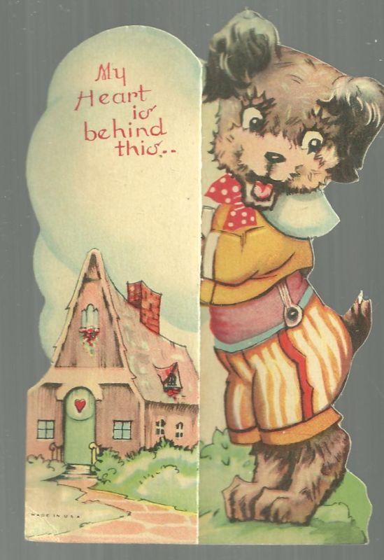 Vintage Fold Out Valentine with Dog My Heart is Behind This, My Valentine