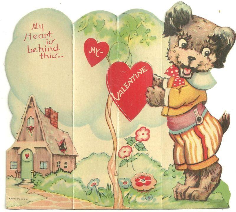 Vintage Fold Out Valentine with Dog My Heart is Behind This, My Valentine