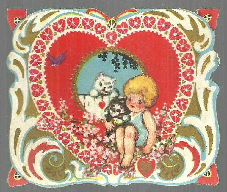 Vintage Valentine Card with Girl and Her Kitty and Pup I Simply Must Have You