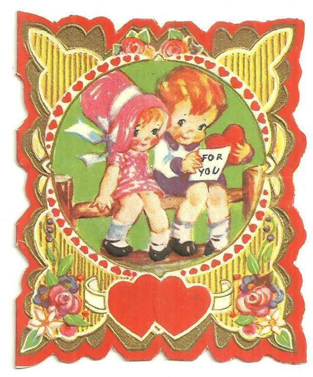 Vintage Valentine Card with Girl and Boy Sitting on Fence