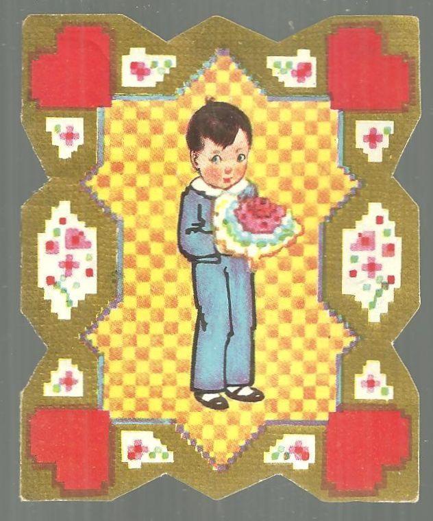 Vintage Valentine Card with Boy with Bouquet of Flowers Sample of Love