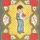 Vintage Valentine Card with Boy with Bouquet of Flowers Sample of Love