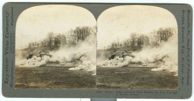 Armored Tank Making its Way Through Smoke Stereoview